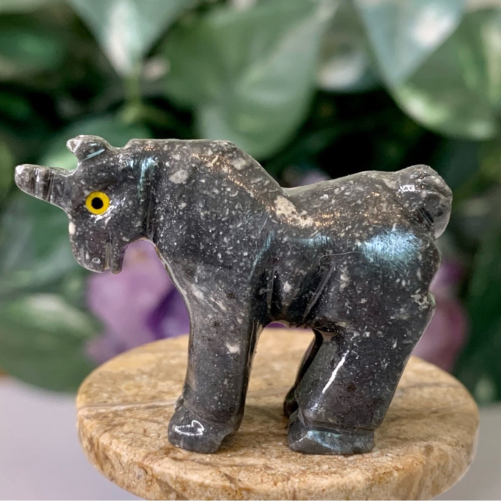 Grey Soapstone Carved Unicorn Figurine Miniature Stone Animal Carving Yellow Eye - Picture 6 of 15
